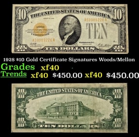 1928 $10 Gold Certificate Grades xf