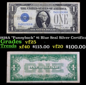 1928A $1 Blue Seal Silver Certificate "Funnyback" Grades vf+