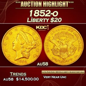 1852-o Gold Liberty Double Eagle $20 au58 SEGS