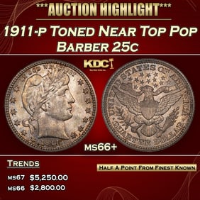 1911-p Barber Quarter Toned Near Top Pop 25c ms66+ SEGS
