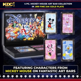 4 PC. Mickey Mouse Gold Plated Art Bar Collection In Custom Box W/ Special Backer card