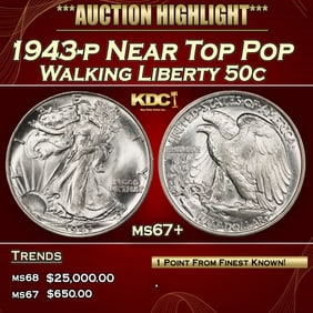 1943-p Walking Liberty Half Dollar Near Top Pop 50c ms67+ SEGS