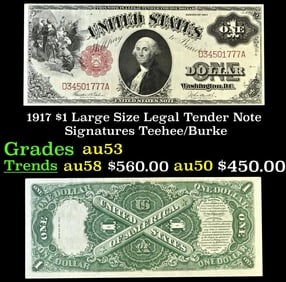 1917 Teehee/Burke $1 Large Size Legal Tender Note Grades Select AU