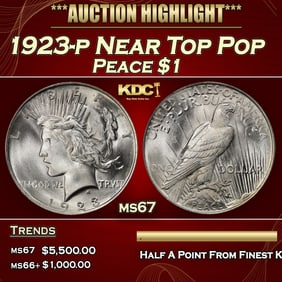1923-p Peace Dollar Near Top Pop $1 ms67 SEGS