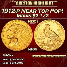 1912-p Gold Indian Quarter Eagle Near Top Pop! $2 1/2 ms66 USCG