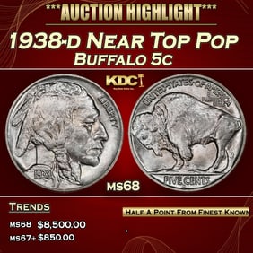 1938-d Buffalo Nickel Near Top Pop 5c ms68 SEGS