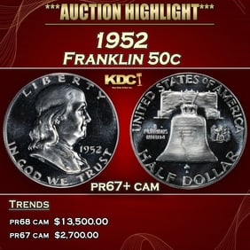 1952 Proof Franklin Half Dollar 50c pr67+ cam SEGS