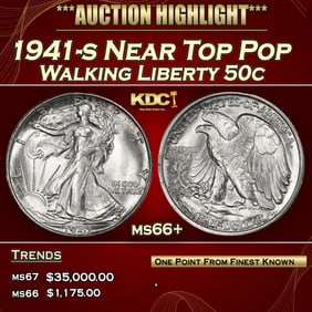 1941-s Walking Liberty Half Dollar Near Top Pop 50c ms66+ SEGS
