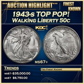 1943-s Walking Liberty Half Dollar TOP POP! 50c ms67+ SEGS