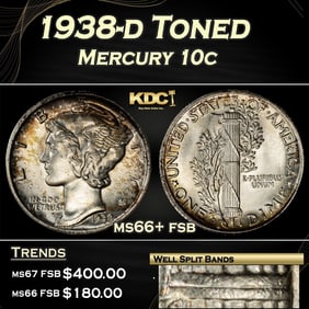 1938-d Mercury Dime Toned 10c ms66+ fsb SEGS
