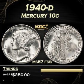1940-d Mercury Dime 10c ms67 fsb SEGS