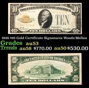 1928 $10 Gold Certificate Grades Select AU
