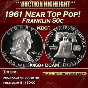 1961 Proof Franklin Half Dollar Near Top Pop! 50c pr68+ DCAM SEGS