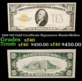 1928 $10 Gold Certificate Grades xf