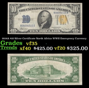 1934A $10 Silver Certificate North Africa WWII Emergency Currency Grades vf++