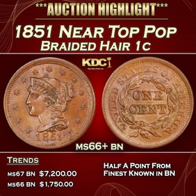1851 Braided Hair Large Cent Near Top Pop 1c ms66+ bn SEGS