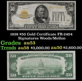 1928 $50 Gold Certificate FR-2404 Signatures Woods/Mellon Grades Select AU