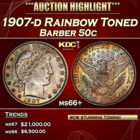 1907-d Barber Half Dollars Rainbow Toned 50c ms66+ SEGS