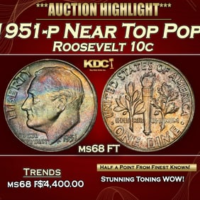 1951-p Roosevelt Dime Near Top Pop! 10c ms68 FT SEGS