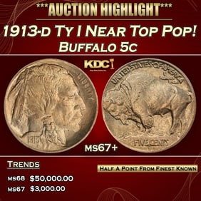 1913-d Ty I Buffalo Nickel Near Top Pop! 5c ms67+ SEGS