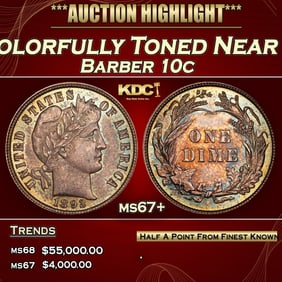 1892-p Barber Dime Colorfully Toned Near Top Pop 10c ms67+ SEGS