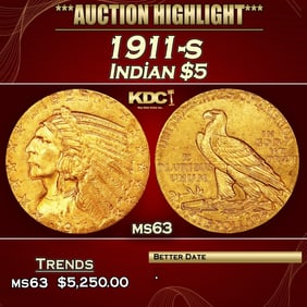 1911-s Gold Indian Half Eagle $5 ms63 USCG