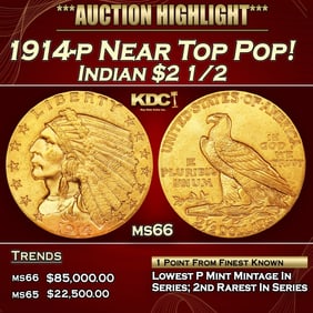 1914-p Gold Indian Quarter Eagle Near Top Pop! $2 1/2 ms66 USCG