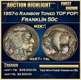 1957-d Franklin Half Dollar Rainbow Toned TOP POP! 50c ms67+ fbl SEGS