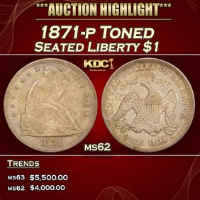 1871-p Seated Liberty Dollar Toned $1 ms62 USCG