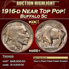 1916-d Buffalo Nickel Near Top Pop! 5c ms66+ SEGS