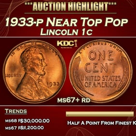 1933-p Lincoln Cent Near Top Pop 1c ms67+ rd SEGS
