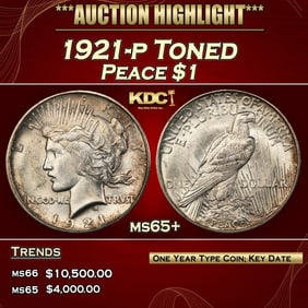 1921-p Peace Dollar Toned $1 ms65+ SEGS