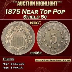 1875 Proof Shield Nickel Near Top Pop 5c pr66+ SEGS