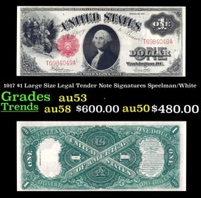 1917 Speelman/White $1 Large Size Legal Tender Note Grades Select AU