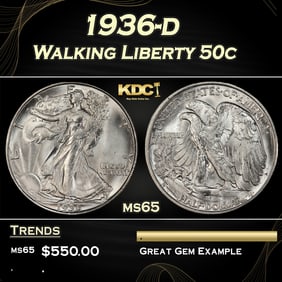 1936-d Walking Liberty Half Dollar 50c Grades ms65