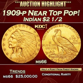 1909-p Gold Indian Quarter Eagle Near Top Pop! $2 1/2 ms66 USCG