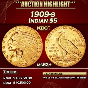 1909-s Gold Indian Half Eagle $5 ms62+ USCG