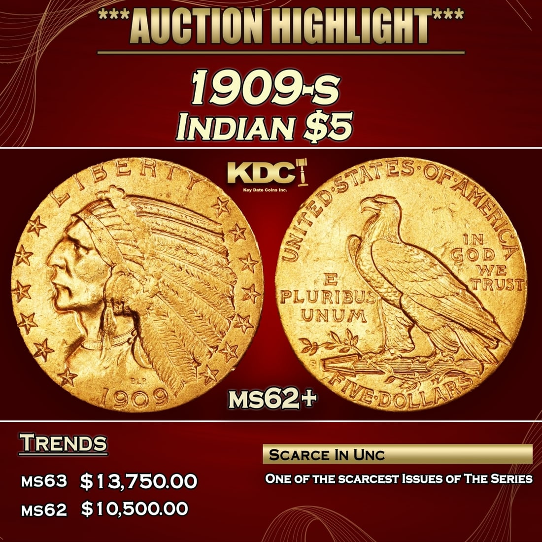 1909-s Gold Indian Half Eagle $5 ms62+ USCG (1 of 4)