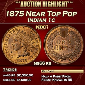 1875 Indian Cent Near Top Pop 1c Grades ms66 rb