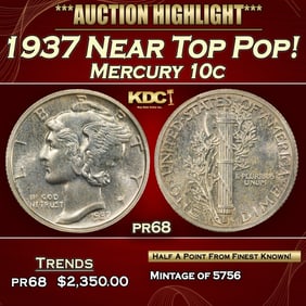 1937 Proof Mercury Dime Near Top Pop! 10c pr68 SEGS