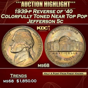 1939-p Reverse of '40 Jefferson Nickel Colorfully Toned Near Top Pop 5c ms68 SEGS