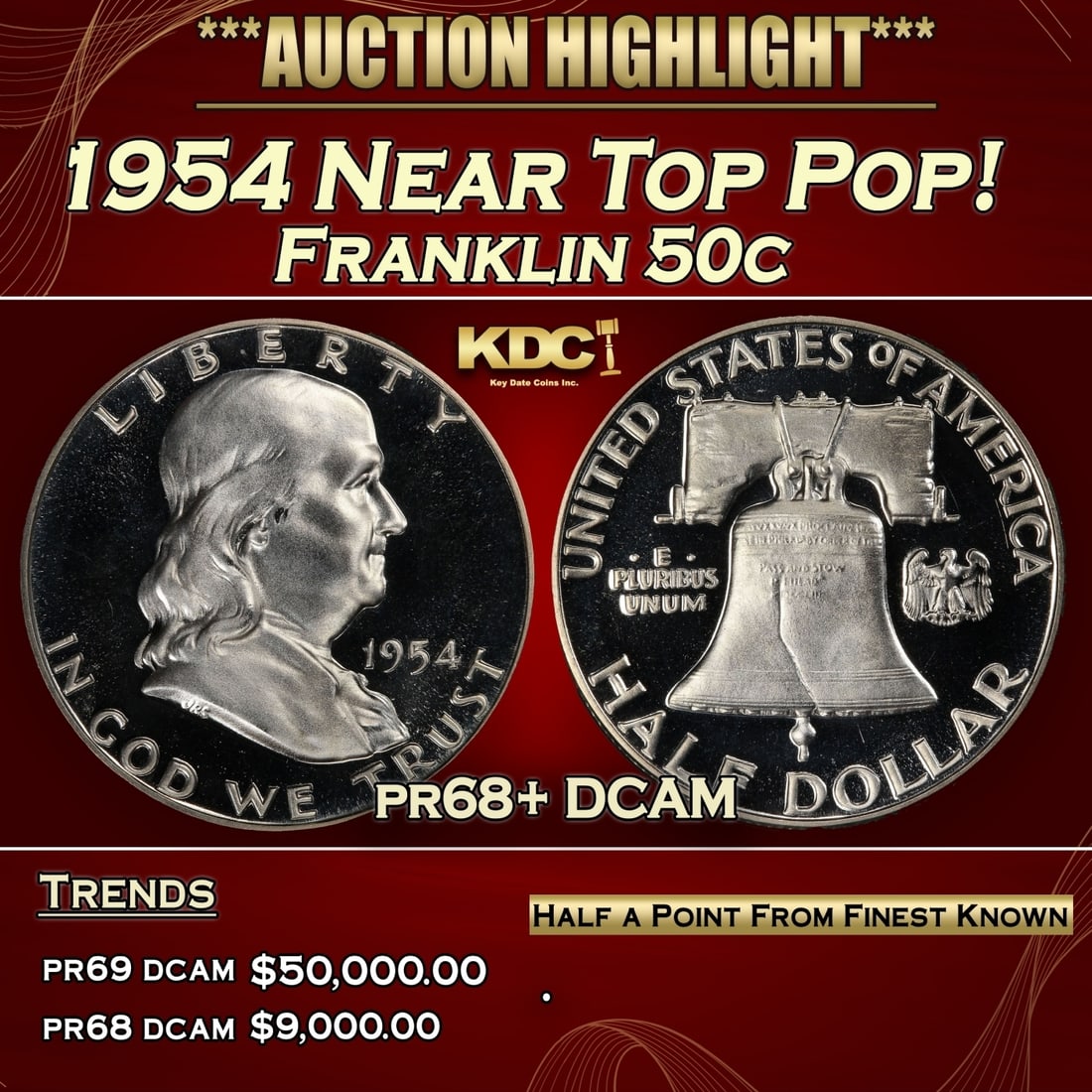 1954 Proof Franklin Half Dollar Near Top Pop! 50c pr68+ DCAM SEGS (1 of 4)