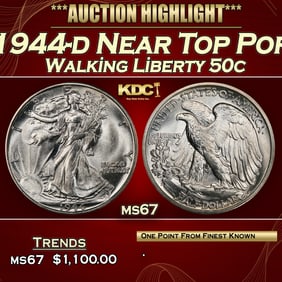 1944-d Walking Liberty Half Dollar Near Top Pop 50c ms67 SEGS