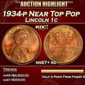 1934-p Lincoln Cent Near Top Pop 1c ms67+ rd SEGS