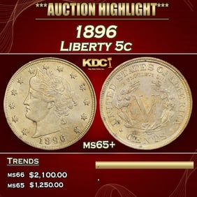 1896 Liberty Nickel 5c ms65+ SEGS