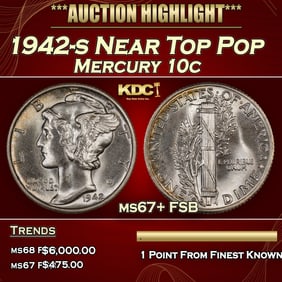 1942-s Mercury Dime Near Top Pop 10c ms67+ FSB SEGS