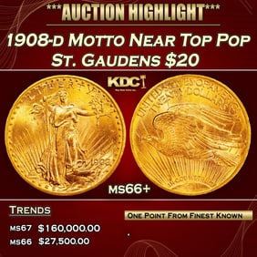1908-d Motto Gold St. Gaudens Double Eagle Near Top Pop $20 ms66+ SEGS