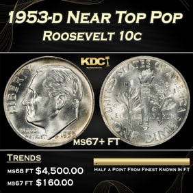 1953-d Roosevelt Dime Near Top Pop 10c ms67+ FT SEGS