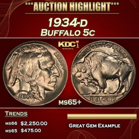 1934-d Buffalo Nickel 5c ms65+ SEGS