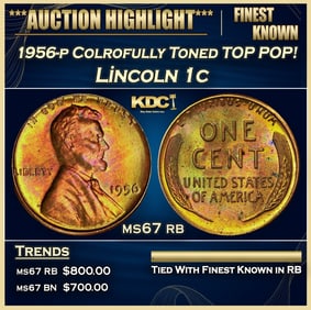 1956-p Lincoln Cent Colrofully Toned TOP POP! 1c ms67 rb SEGS